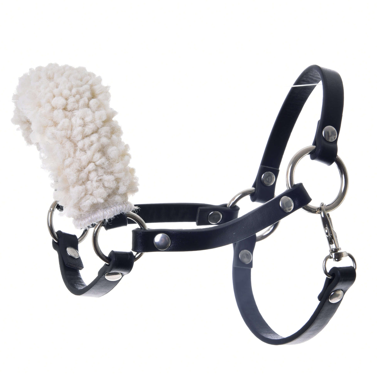 Zwart halster met zacht crème bont op de neusriem, zilveren ringen en karabijnhaak uit de Hobby Horse Set Basic