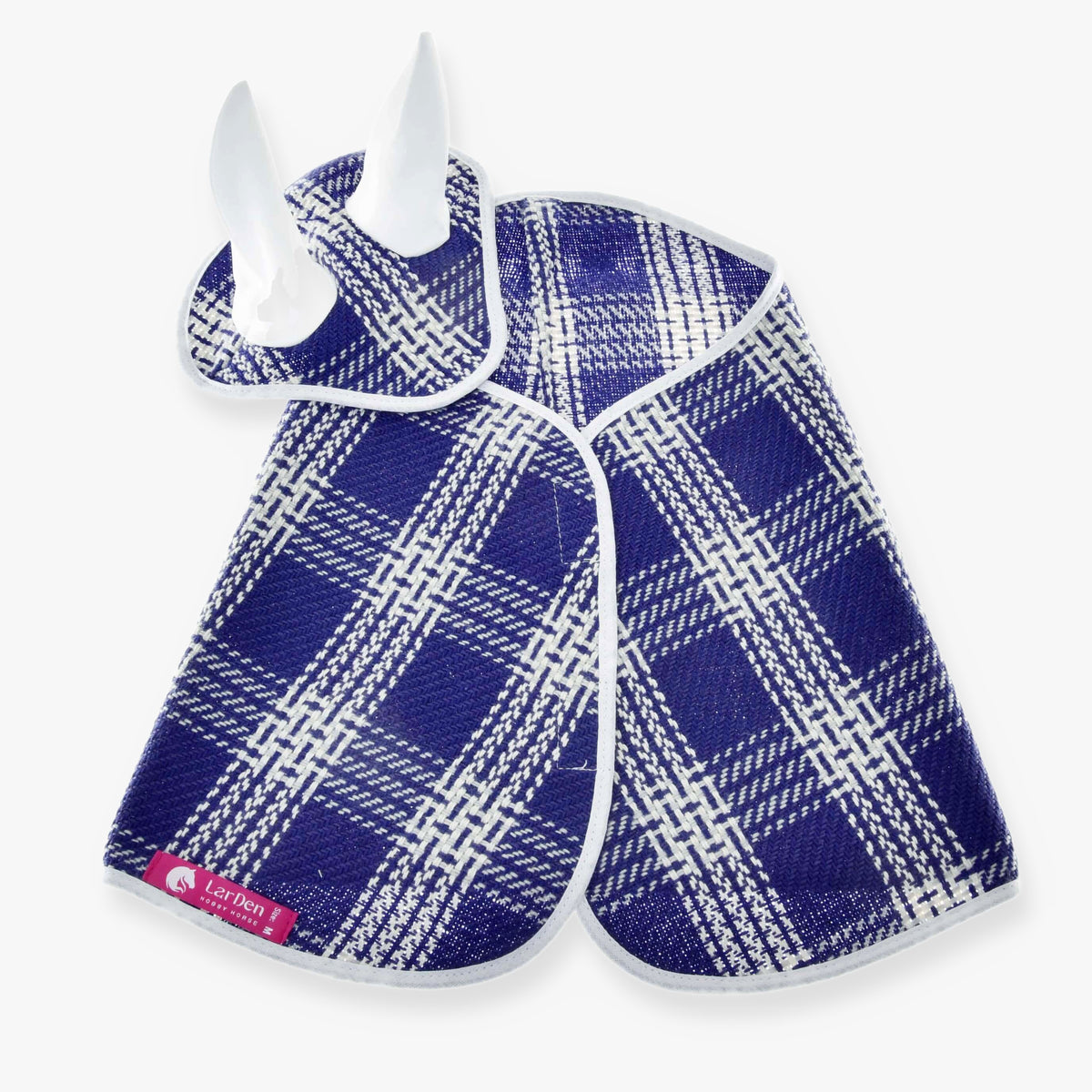 Ensemble Blue Cube pour Hobby Horse de LarDen : couverture et bonnet d'oreilles à carreaux bleus et blancs, oreilles et bordure blanches