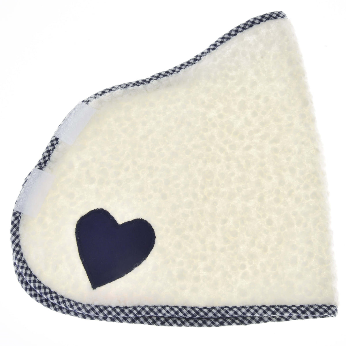 Deken cube blauw voor Hobby Horse plat van opzij, crème fleece met marineblauw hart en witte klittenbandsluitingen