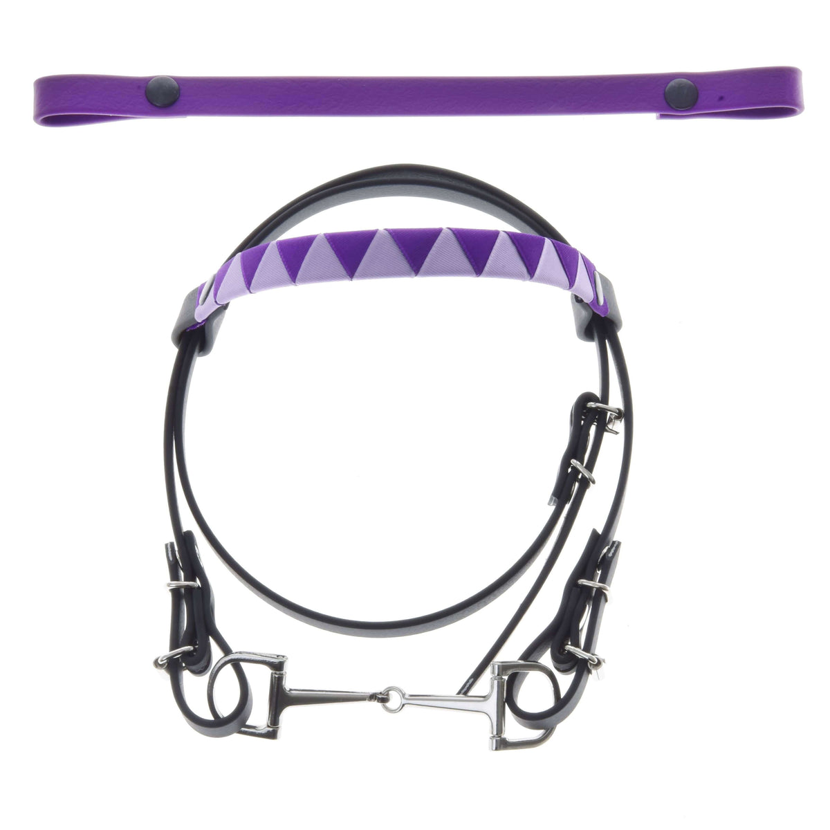 Black Hobby Horse bridle with bit and purple triangle browband, plus a second plain purple browband with press studs