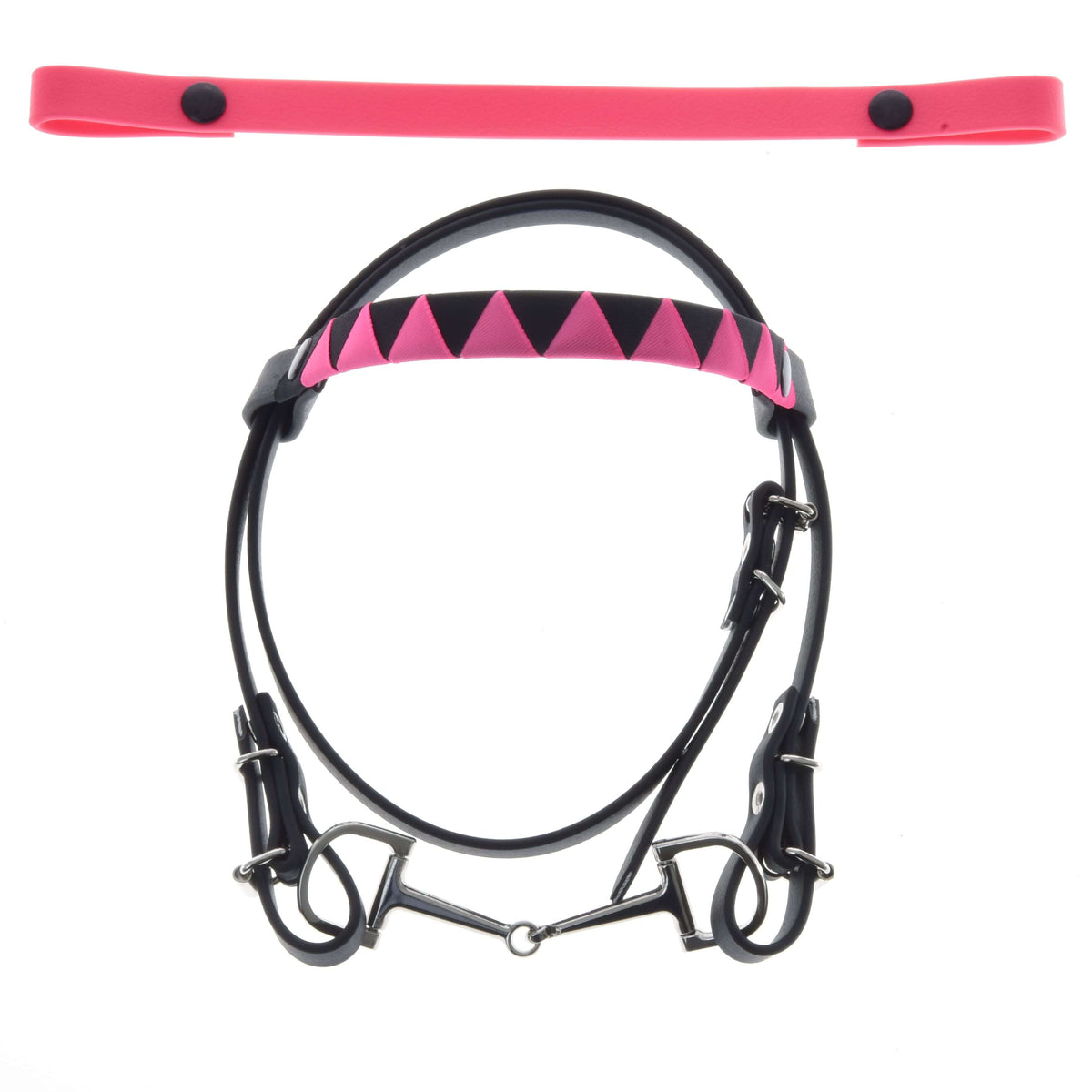 Zwart hoofdstel voor Hobby Horse met bit, hoofdband met roze en zwarte driehoeken en een extra effen roze hoofdband