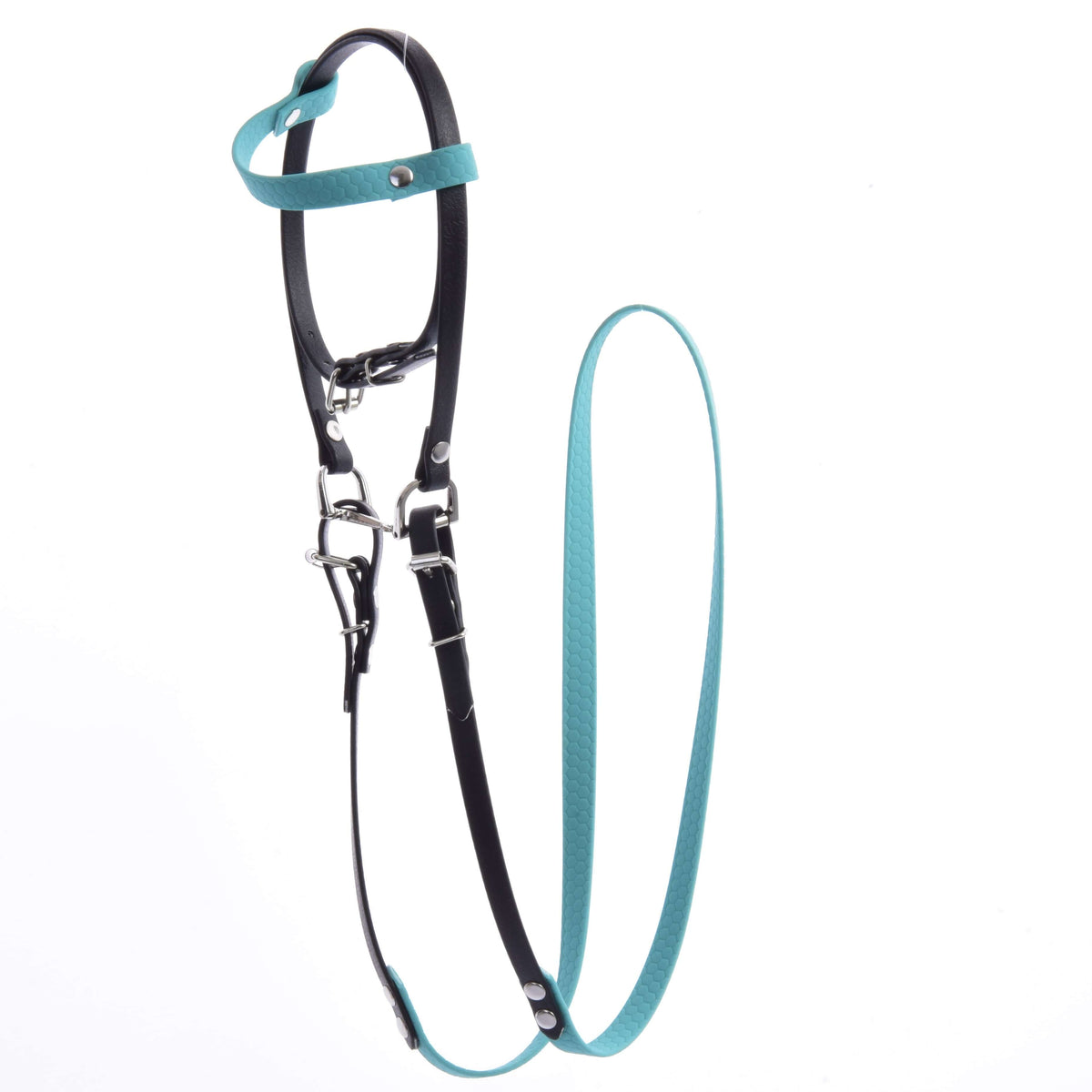 Bride noire et turquoise en similicuir pour Hobby Horse avec mors et rênes turquoise, posée sur fond blanc