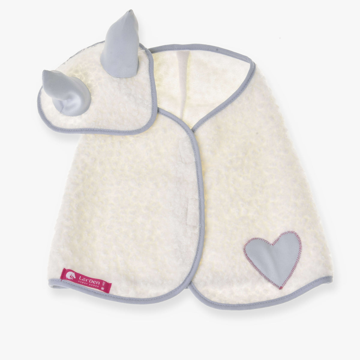Hobby Horse Set Snowflake by LarDen: cream bouclé fleece blanket and ear bonnet with grey ears, grey trim and a heart patch