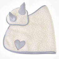 Hobby Horse Set Snowflake laid flat: fluffy cream blanket with a grey satin heart and the ear bonnet with grey ears