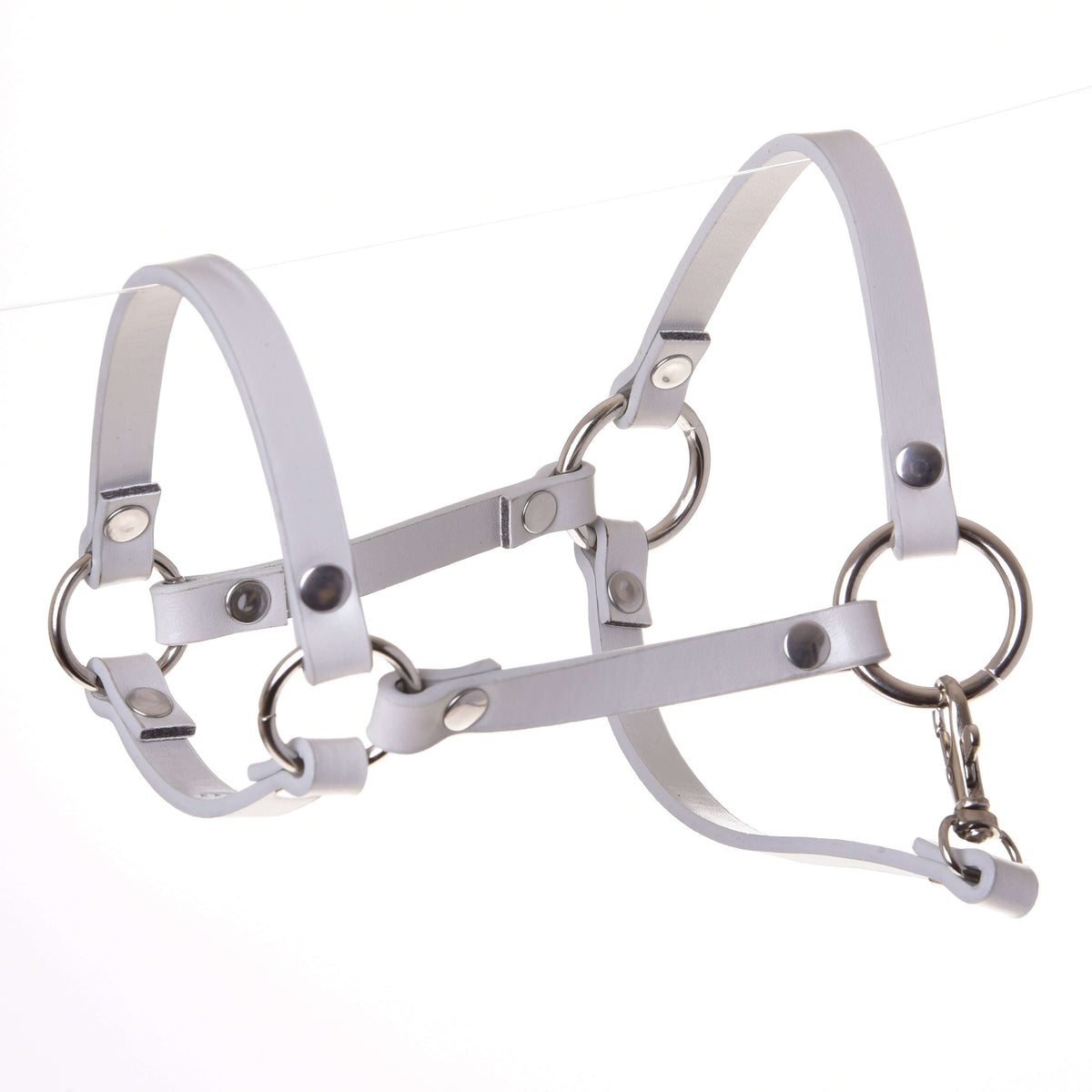 Light grey leatherette Hobby Horse halter with silver rings, rivets and a snap hook on a white background