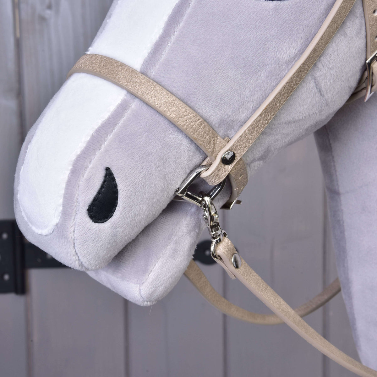 Close-up of the beige noseband and snap hook with rein on the muzzle of a grey Hobby Horse