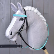 Complete bridle without noseband turquoise by LarDen on a grey Hobby Horse, black straps with turquoise browband and reins