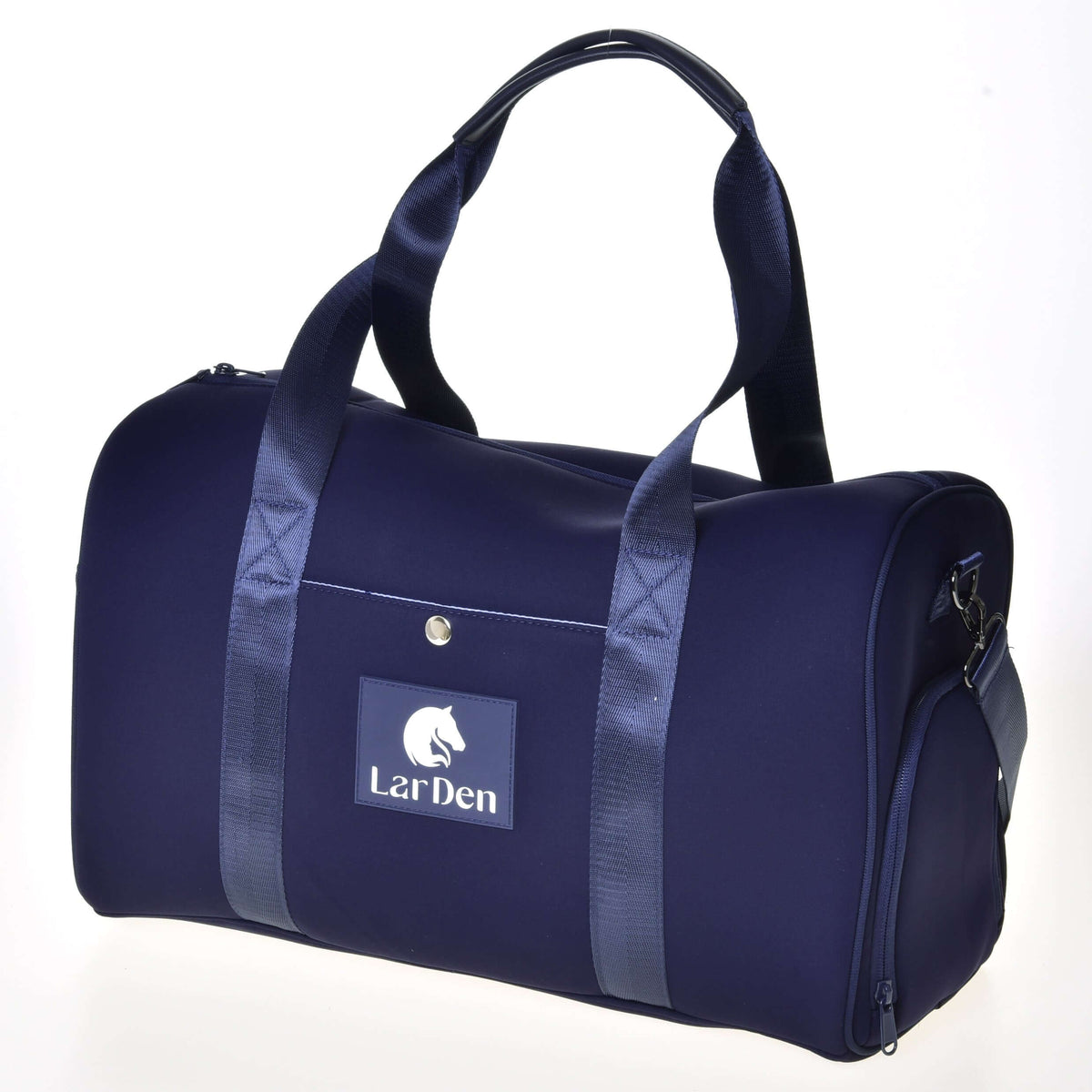 Sac de sport LarDen Hobby Horse en néoprène bleu marine avec anses assorties en sangle, écusson logo blanc et poche zippée au bout