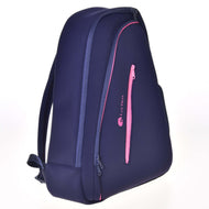 Hobby Horse Backpack LarDen in navy neoprene with pink zips, a diagonal front pocket and a pink logo