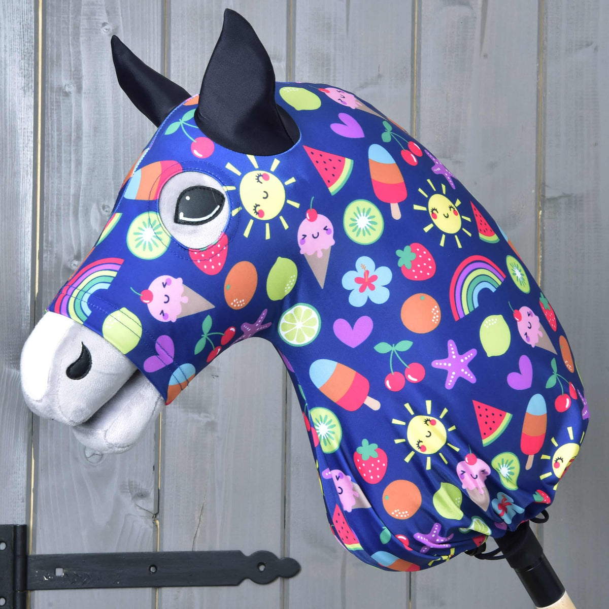 Hobby Horse protective suit Happiness by LarDen on a plush head: navy print of suns, rainbows and ice creams, black ears