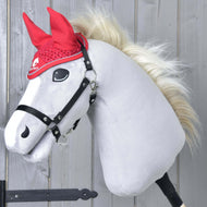 Grey Hobby Horse with a blond mane and black halter wearing the Ear bonnet crocheted Red Sport in bright red