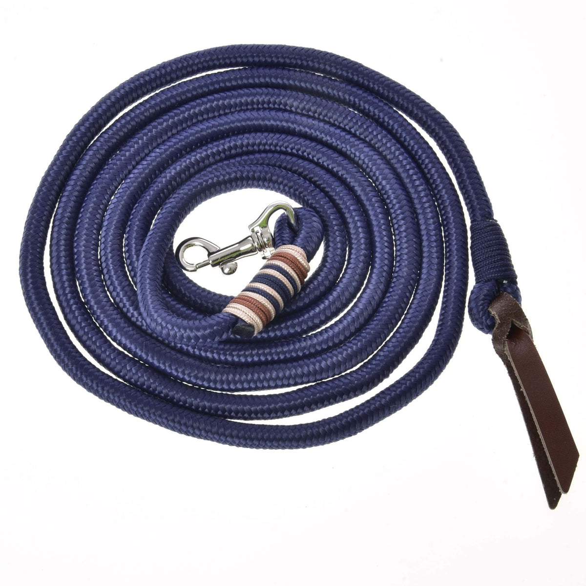 LarDen Hobby Horse Lunging Rope in navy braided rope, coiled, with a silver snap hook and a brown leather end