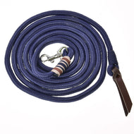 Hobby Horse Longeerlijn van LarDen van marineblauw gevlochten touw, opgerold, met zilveren karabijnhaak en bruin leren uiteinde