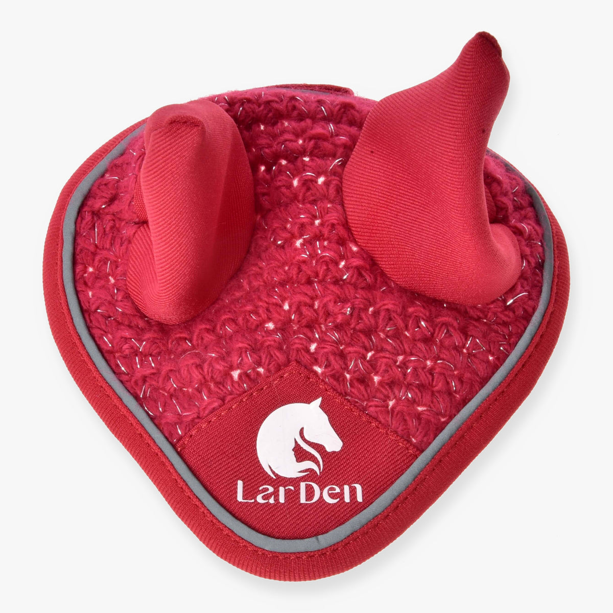 Hobby Horse Ear bonnet crocheted Red Sport by LarDen in red crochet with silver sparkle, grey piping and a white logo