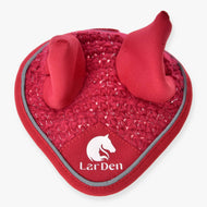 Hobby Horse Ear bonnet crocheted Red Sport by LarDen in red crochet with silver sparkle, grey piping and a white logo