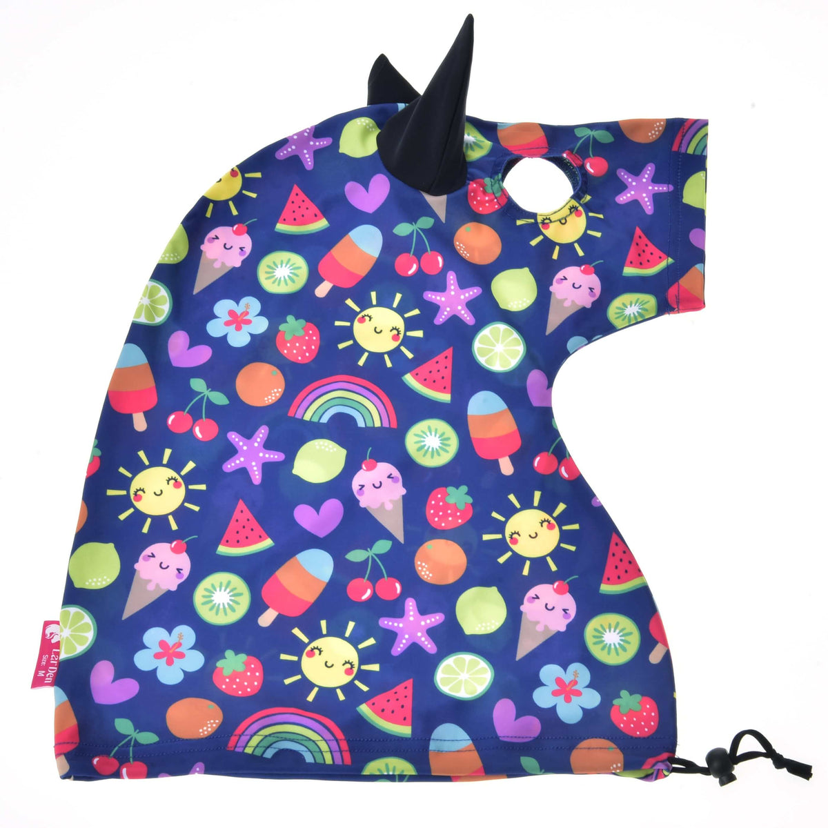 Hobby Horse protective suit Happiness laid flat: bright summer print with a black ear, eye opening and drawstring hem