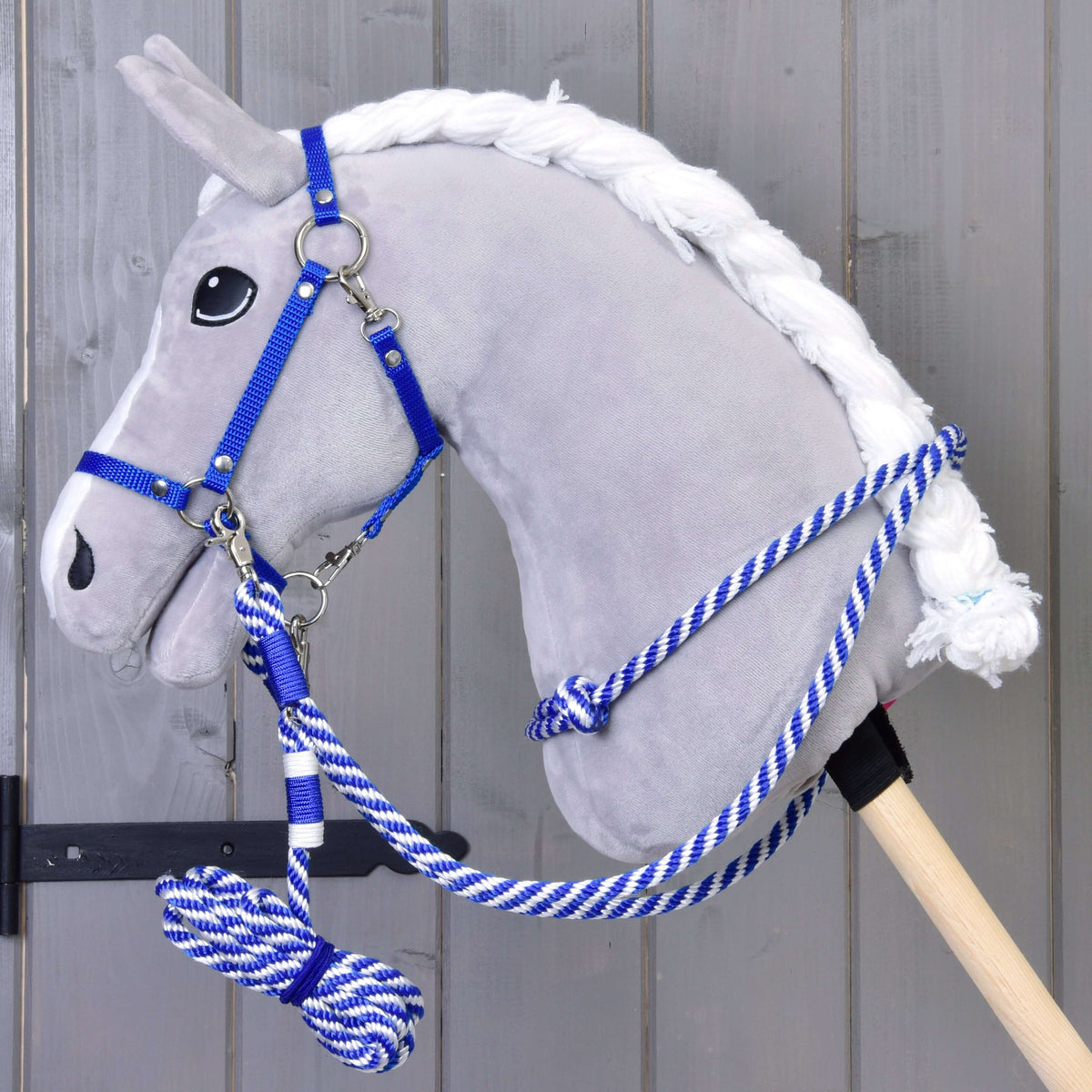 Grey plush Hobby Horse in the blue webbing halter with the blue and white rope cordeo and coiled lead rope