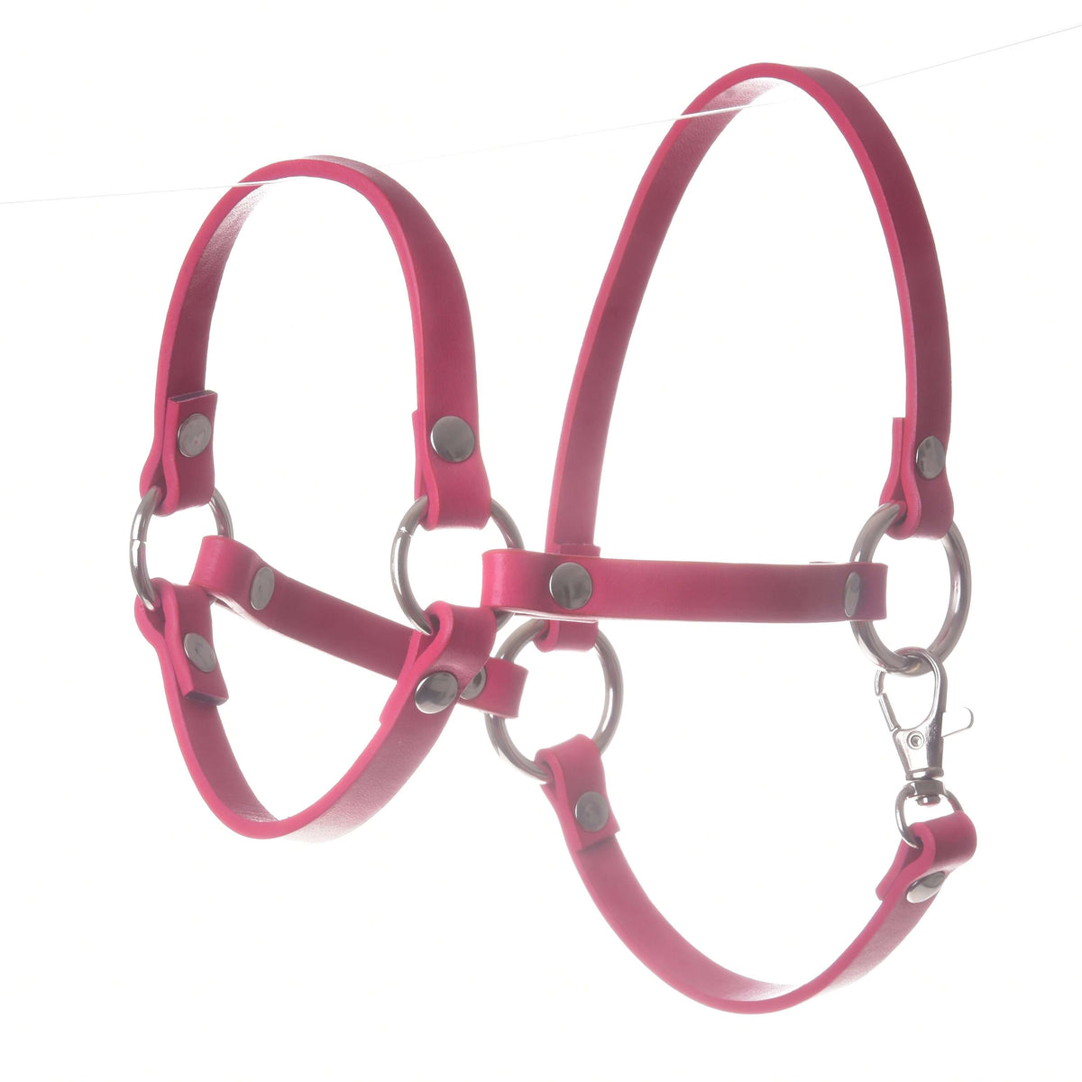 Hobby Horse Halter raspberry by LarDen in slim raspberry pink leatherette straps with silver rings and a snap hook