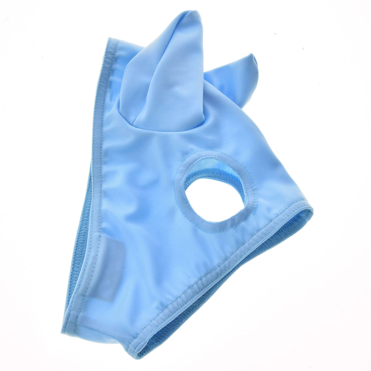 Paardenmasker Sky los op een witte achtergrond, lichtblauwe stretchstof met twee oren en een rond ooggat