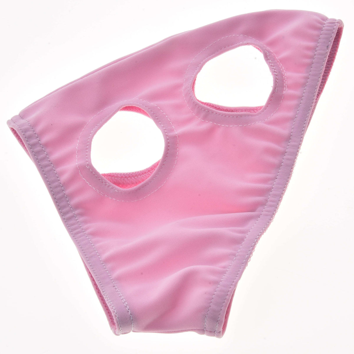 Paardenmasker zonder oren Roze voor Hobby Horses plat neergelegd, zachte lichtroze stretchstof met twee gestikte ronde openingen