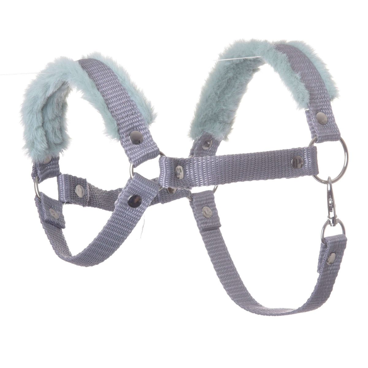 Hobby Horse Halster grijs met mint bont van LarDen van grijs nylon band met zacht mintgroen bont, zilveren ringen en musketon