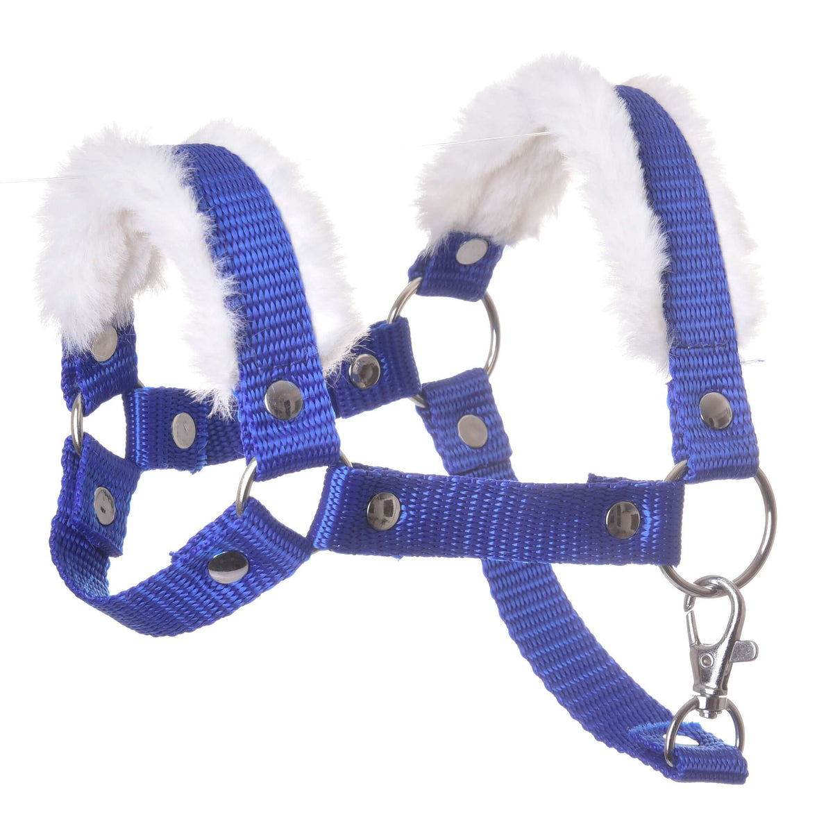 Hobby Horse Halster blauw met bont van LarDen van koningsblauw nylon band met wit bont, zilveren ringen en musketon