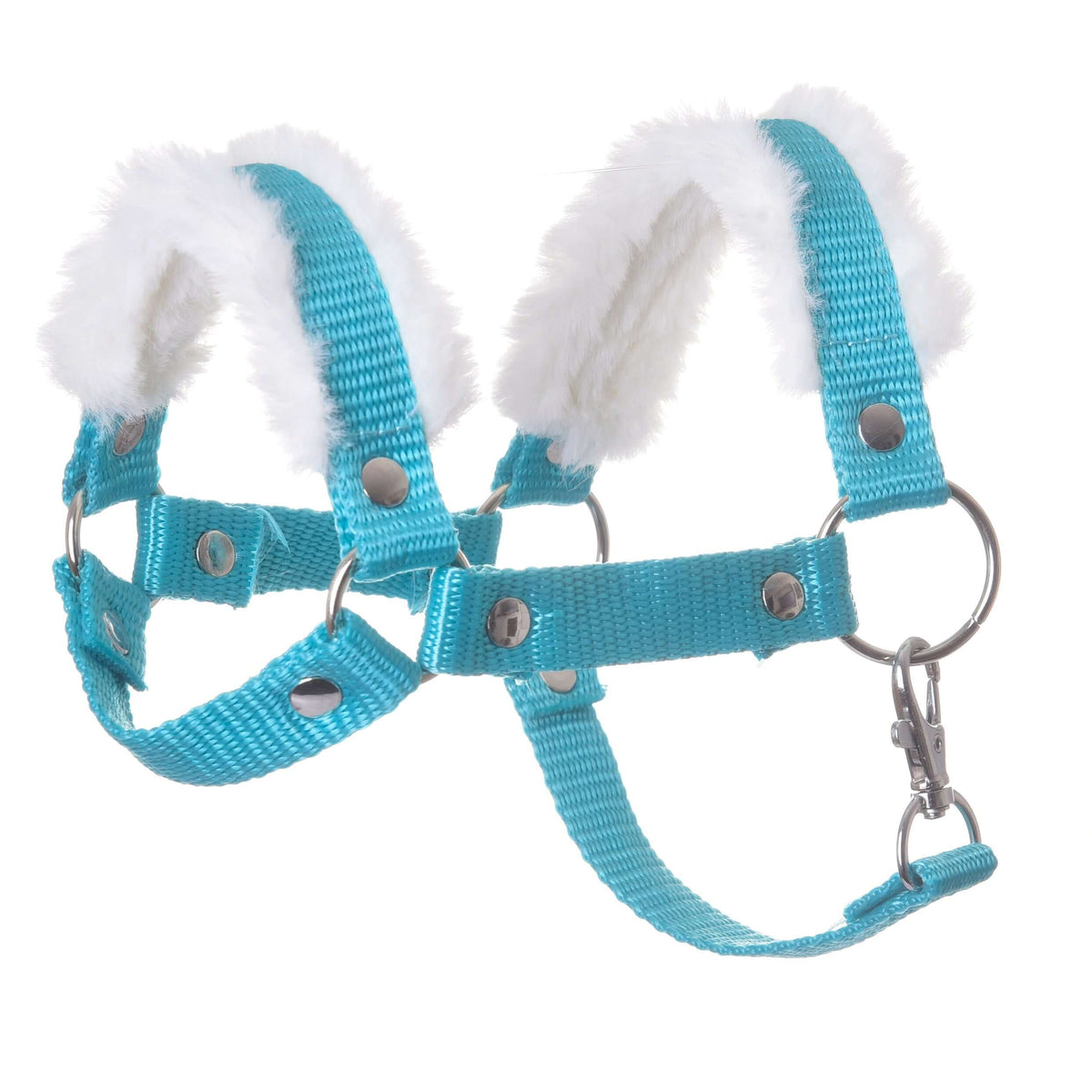Hobby Horse Halter turquoise with fur by LarDen in nylon webbing with soft white fur on noseband and crownpiece