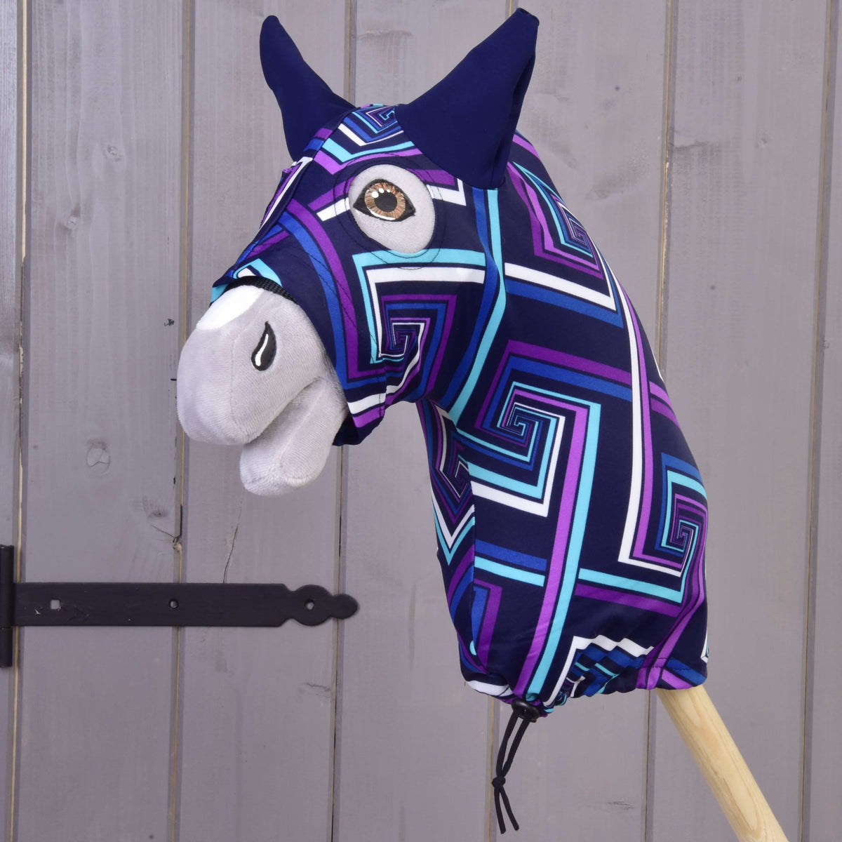 Hobby Horse protective suit blue (Lycra) by LarDen: navy, purple and turquoise geometric print, eye holes and drawstring