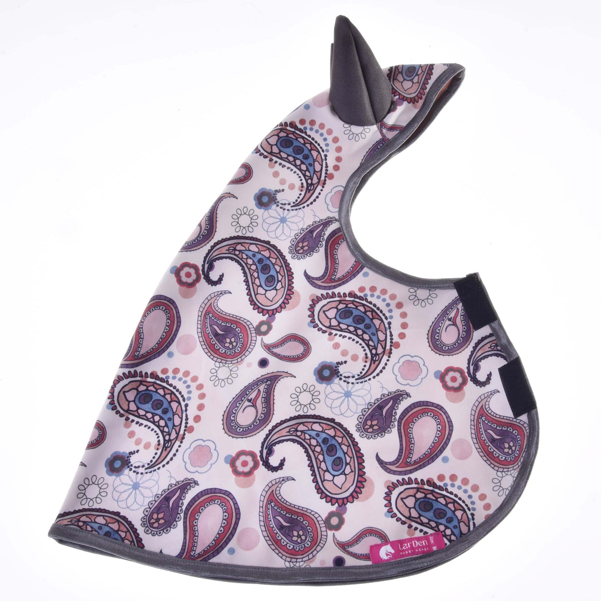 Imperméable Fairy Blue pour Hobby Horse posé à plat sur fond blanc, avec motif cachemire, bordure grise et sangles de poitrail noires à scratch