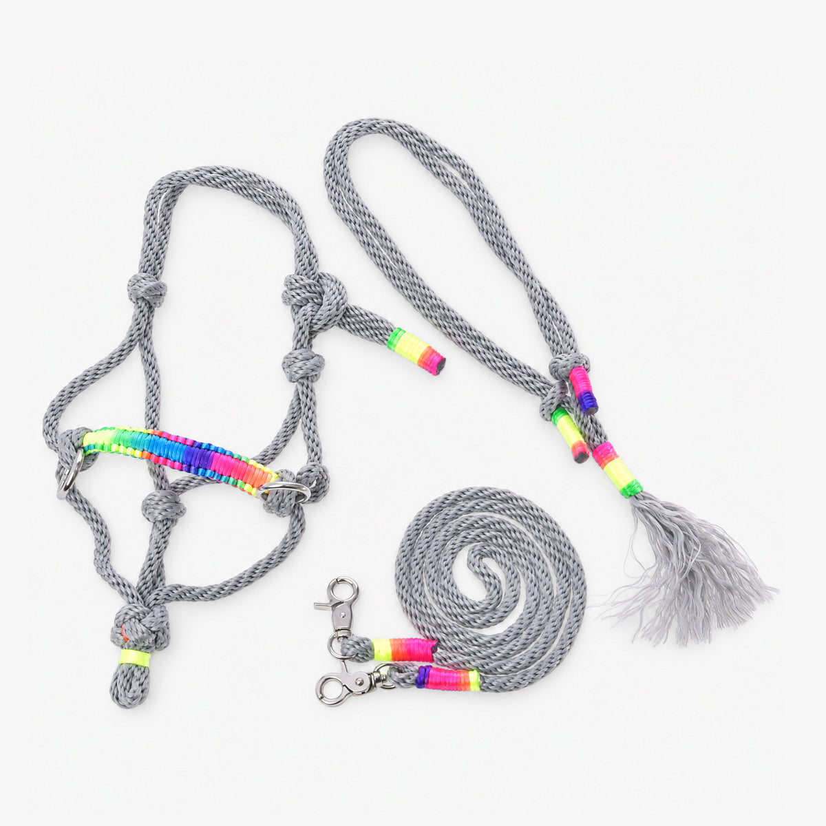 Hobby Horse Rope set Manhattan by LarDen: grey rope halter with rainbow noseband, tasselled neck ring and reins on white