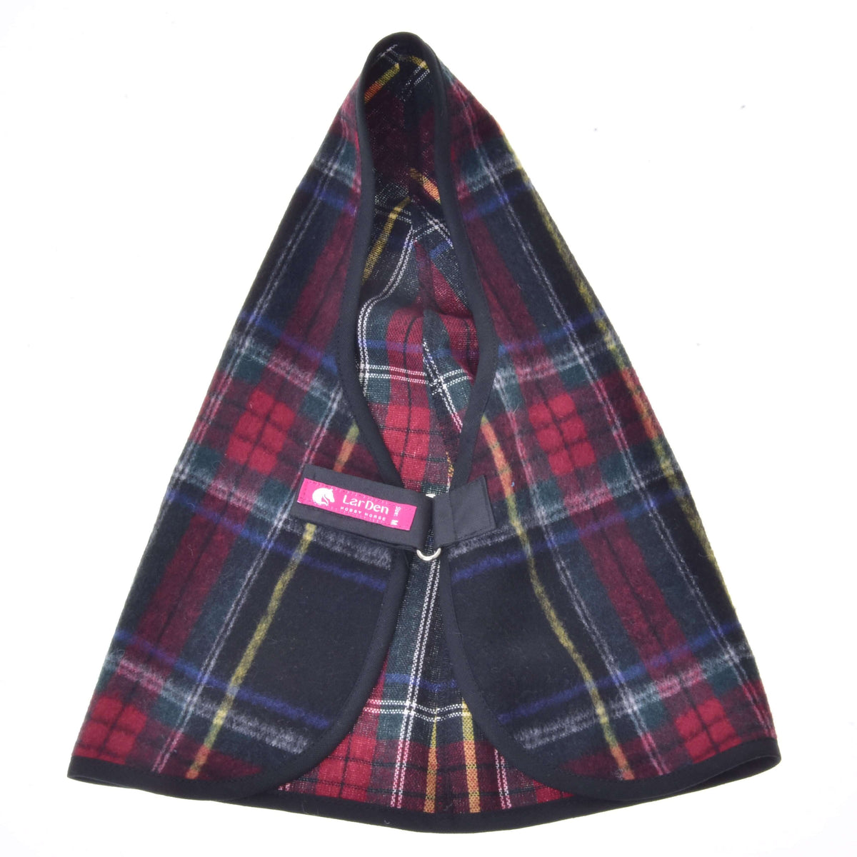 Couverture d’écurie tartan pour Hobby Horse à plat, fermée au poitrail par une sangle à scratch avec étiquette LarDen rose