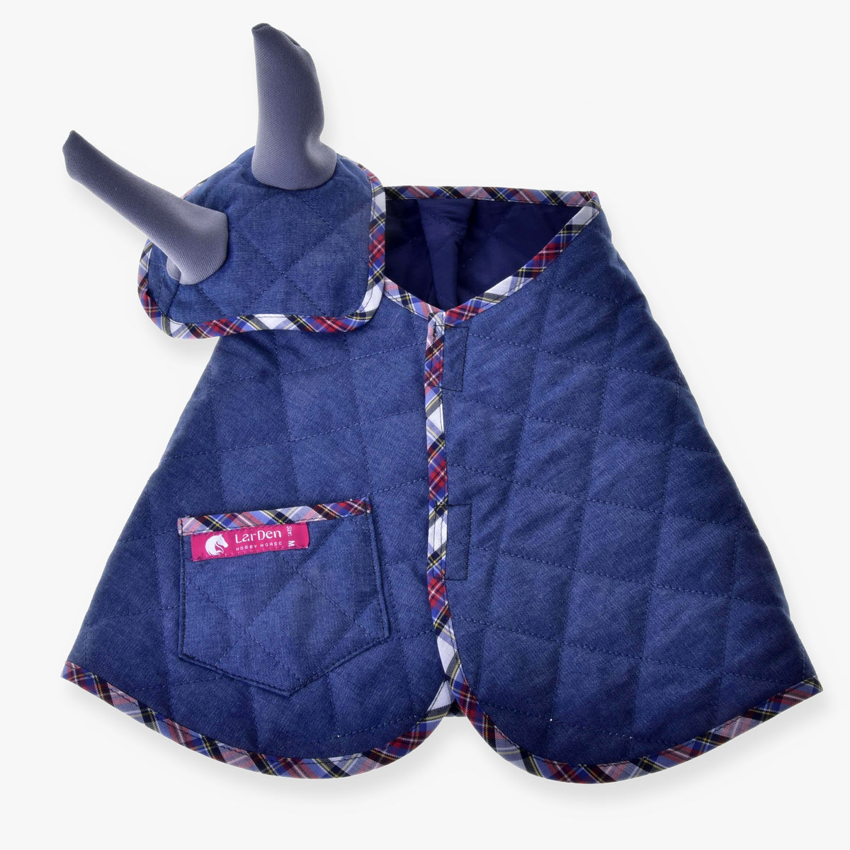 Hobby Horse Set Jeans by LarDen: quilted denim blanket with tartan trim and pocket, plus matching ear bonnet with grey ears