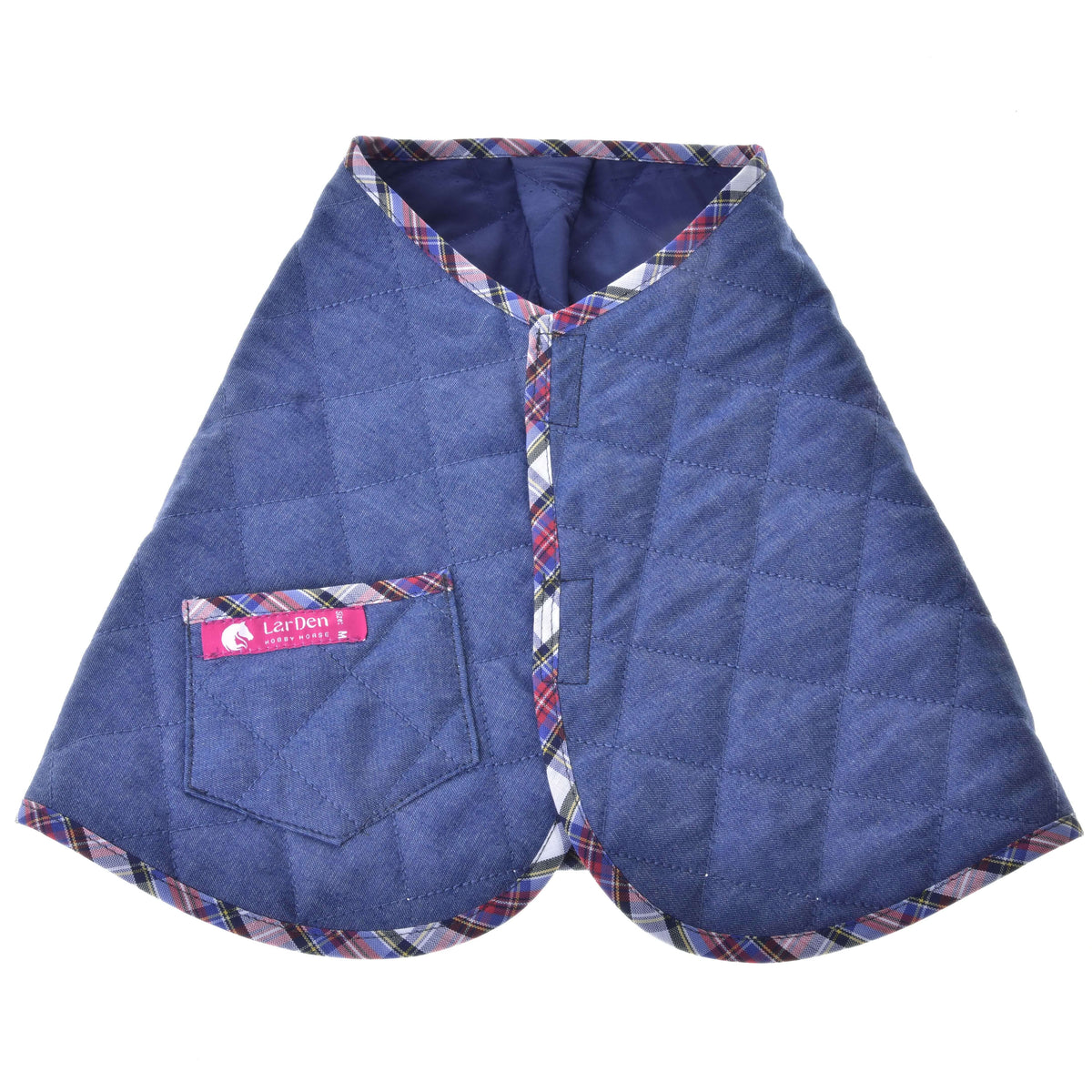 Quilted denim blanket from Hobby Horse Set Jeans laid flat on white, with tartan-trimmed edges, front pocket and navy lining