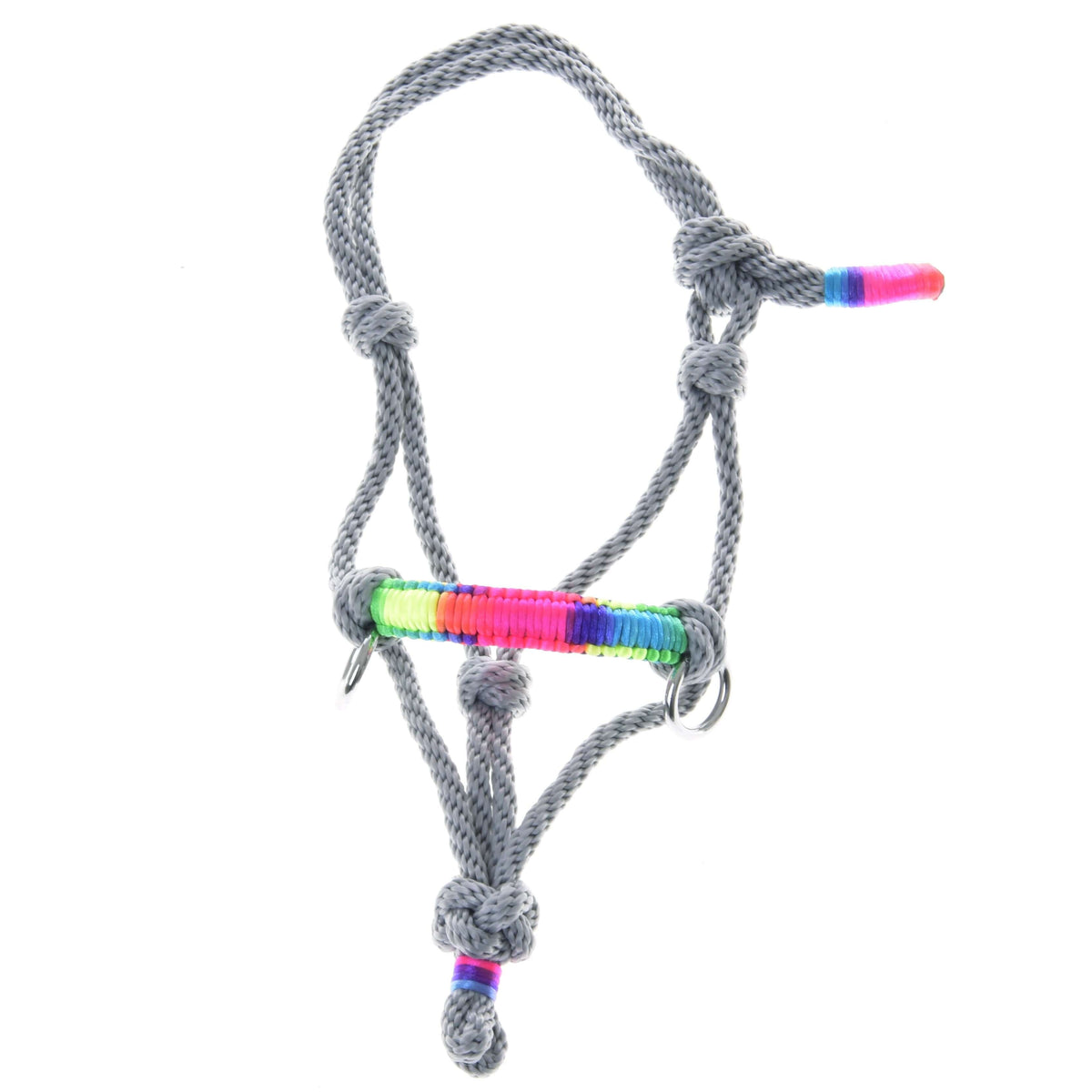 Licol en corde Manhattan pour Hobby Horse à plat : corde grise à nœuds, muserolle arc-en-ciel et extrémités gainées de couleurs