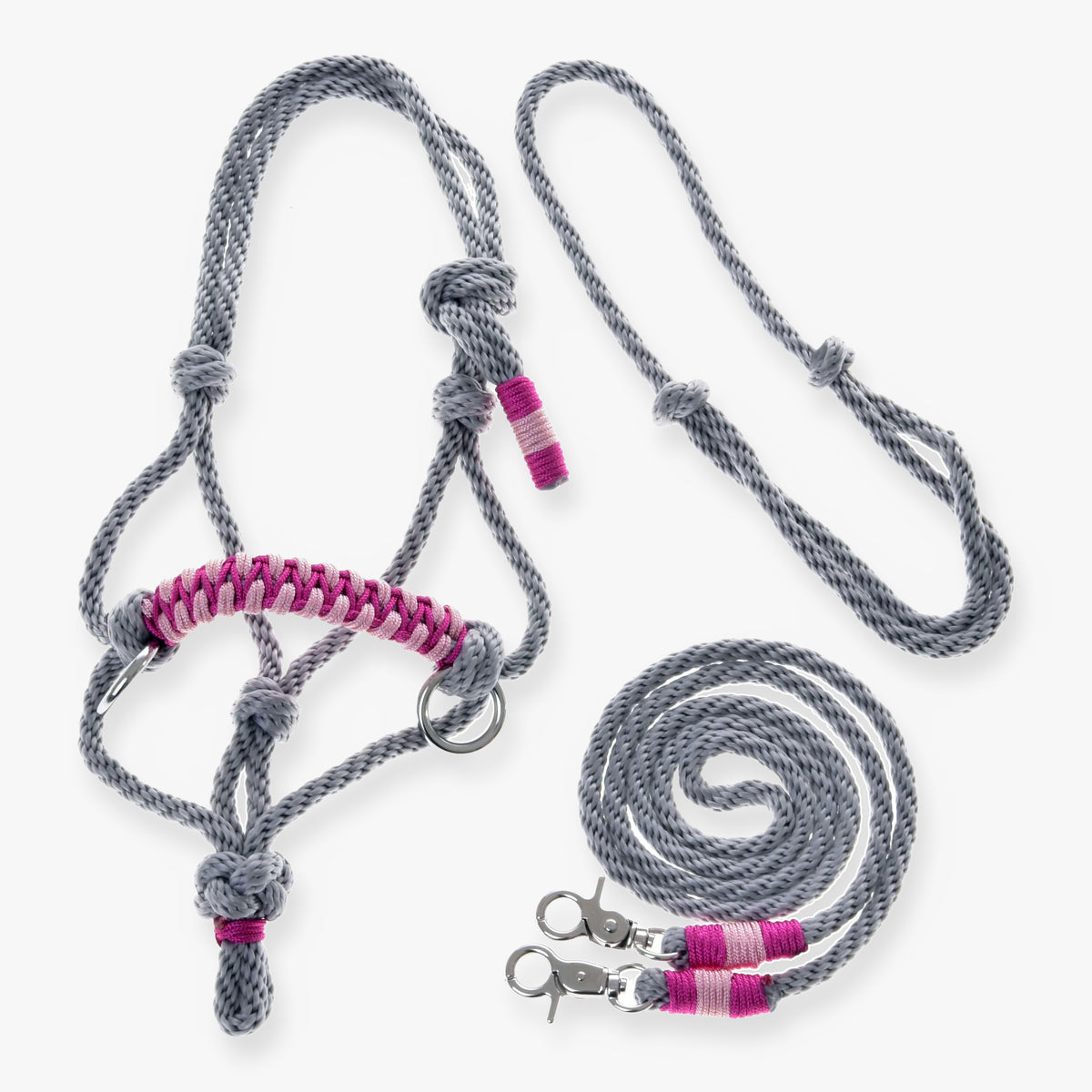 Hobby Horse Rope set Rosie by LarDen: grey rope halter with pink braided noseband, grey neck ring and reins with pink wraps
