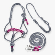 Hobby Horse Rope set Rosie by LarDen: grey rope halter with pink braided noseband, grey neck ring and reins with pink wraps