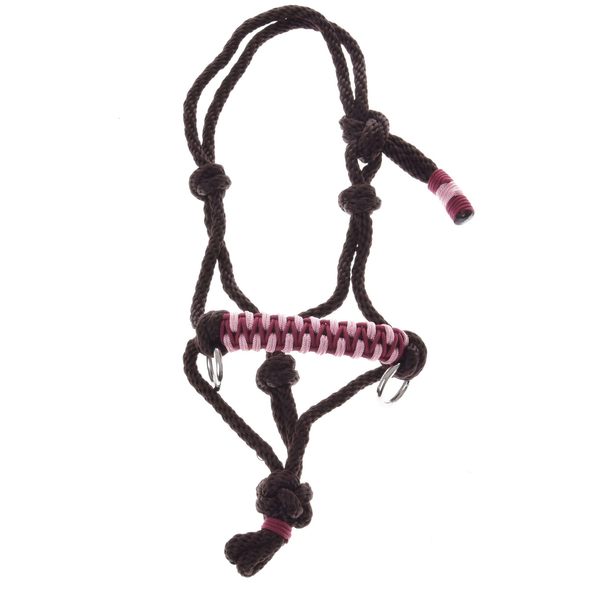 Licol en corde York pour Hobby Horse sur fond blanc : corde nouée marron foncé, anneaux argentés et muserolle rose et bordeaux