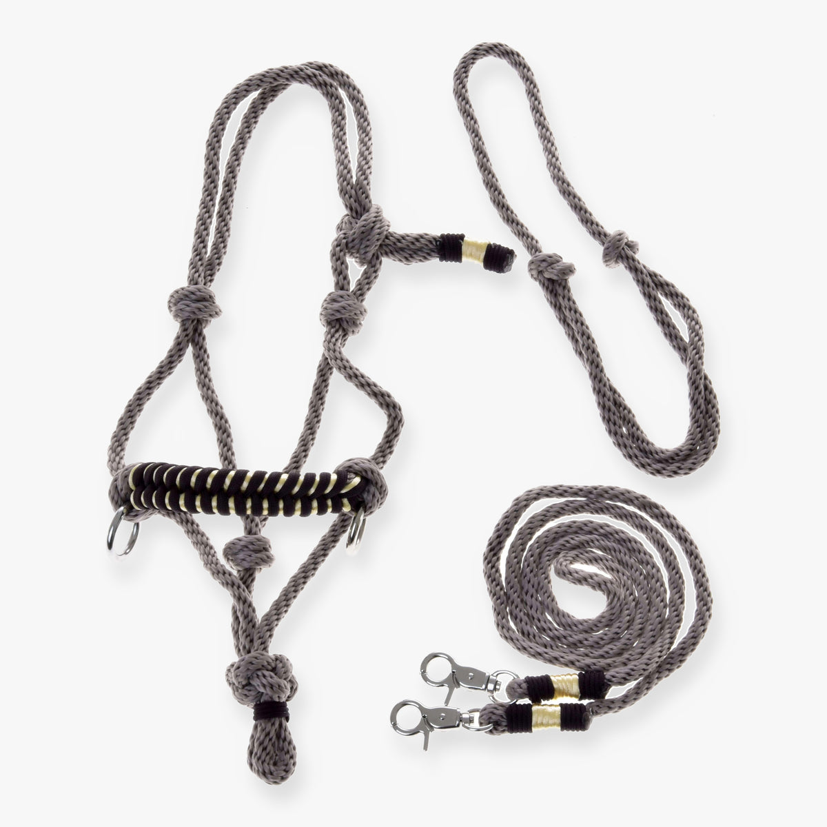 Touwset Splendid van LarDen voor Hobby Horse: taupe touwhalster, cordéo en teugels met donkerbruin-goud gevlochten accenten
