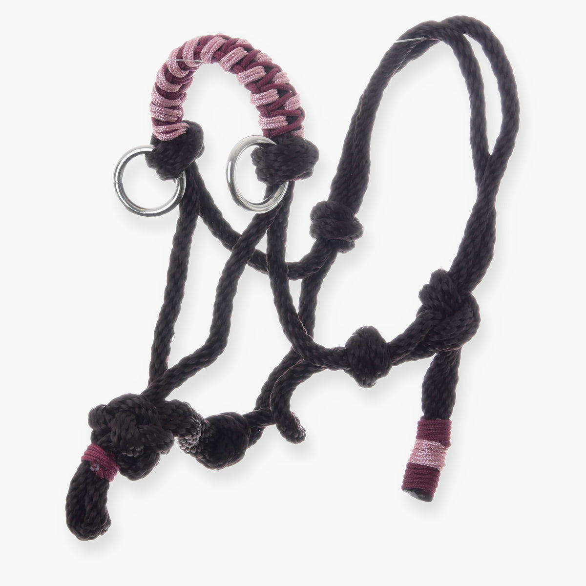 Licol en corde York de LarDen pour Hobby Horse, corde nouée marron foncé, muserolle tressée rose et bordeaux et anneaux argentés