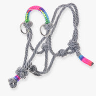 Hobby Horse Rope halter Manhattan by LarDen, grey knotted rope with a rainbow wrapped noseband and silver rings