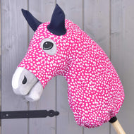 Hobby Horse Protective suit Minie (Lycra) by LarDen fitted over the head, hot pink with white spots and navy ears