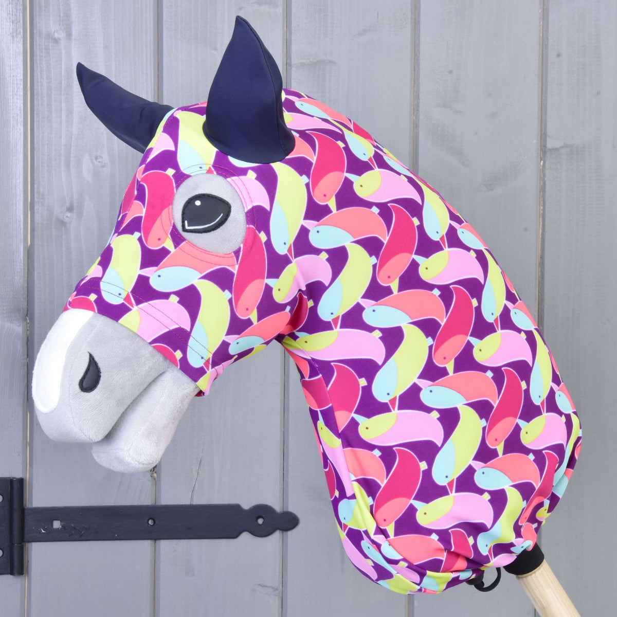 Hobby Horse Protective suit Bird (Lycra) by LarDen fitted over the head, purple with pink, lime and blue birds, navy ears