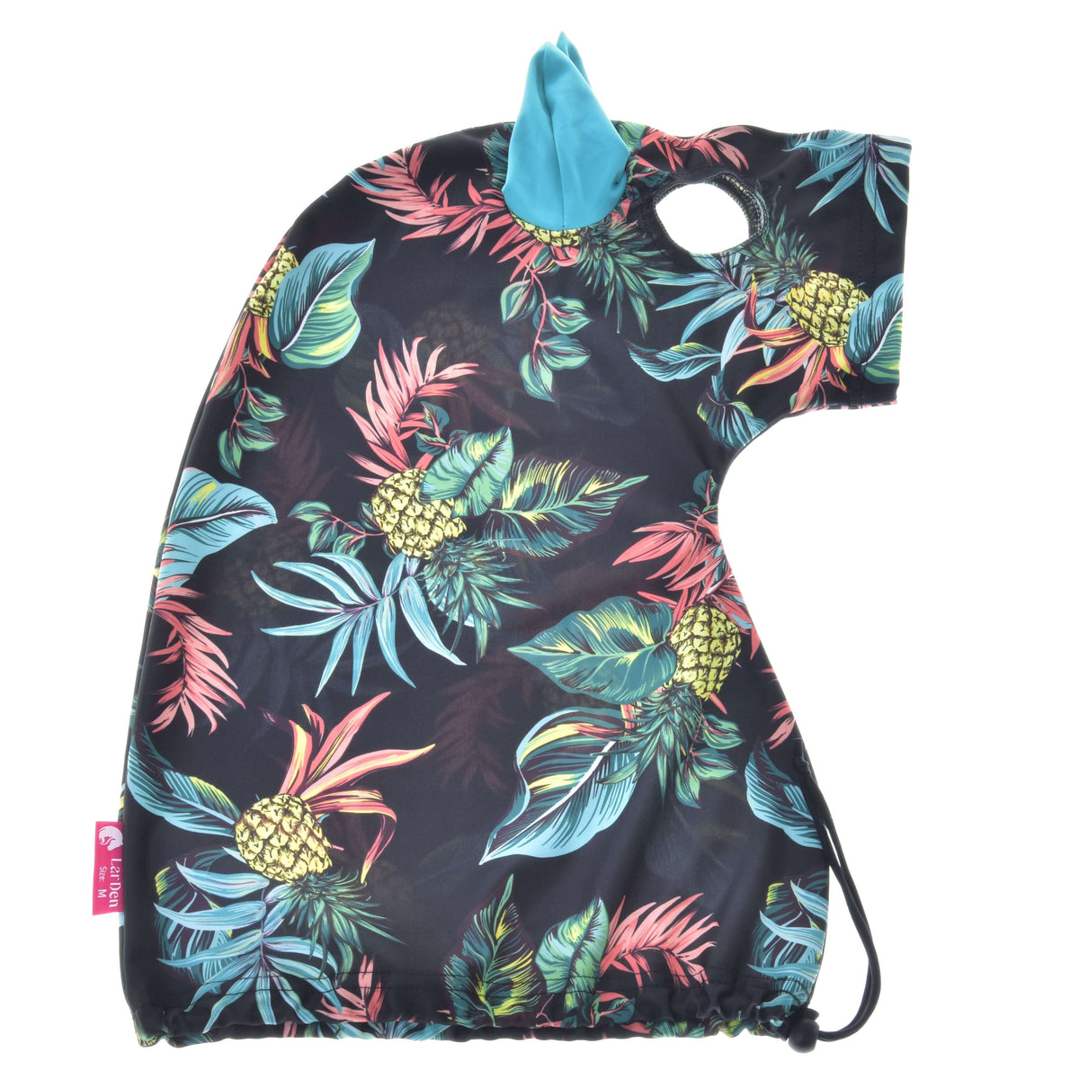 Hobby Horse Beschermpak Pineapple plat neergelegd: zwarte Lycra met ananasprint, turquoise oor en trekkoord aan de zoom
