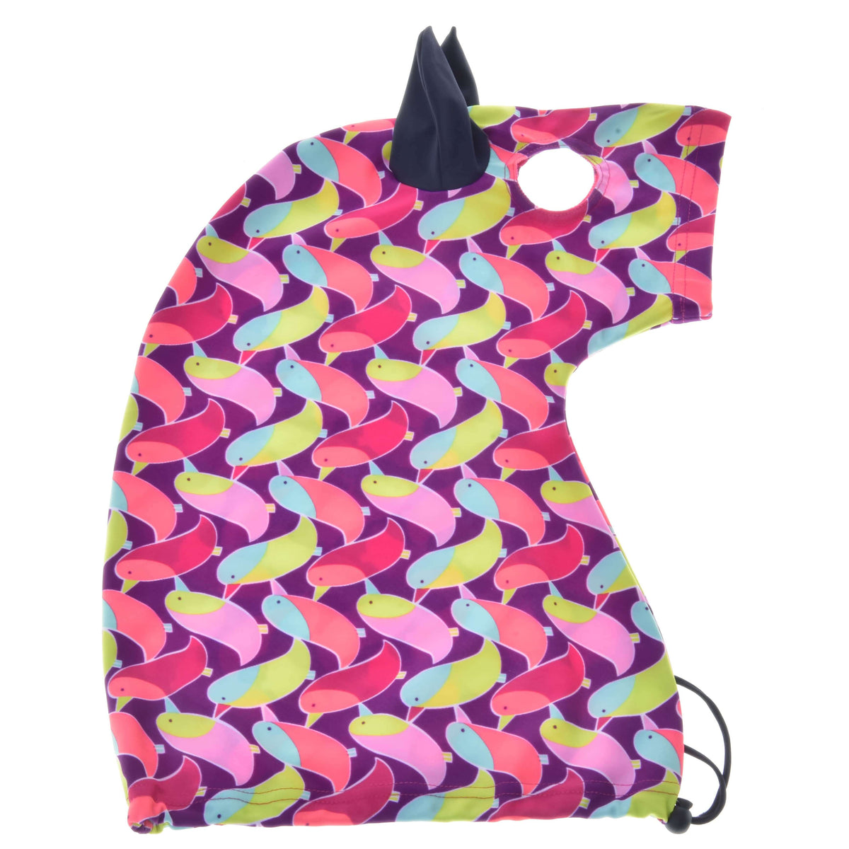 Hobby Horse protective suit Bird laid flat: purple Lycra with a colourful bird print, navy ear and drawstring hem