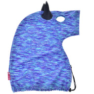Hobby Horse protective suit Sea laid flat: streaked blue and purple Lycra with a navy ear, eye opening and drawstring hem