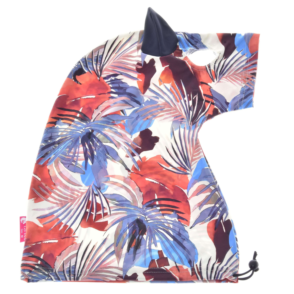 Combinaison de protection Hobby Horse Blue Jungle à plat : Lycra blanc à feuilles tropicales bleues, rouges et roses, oreille marine, cordon