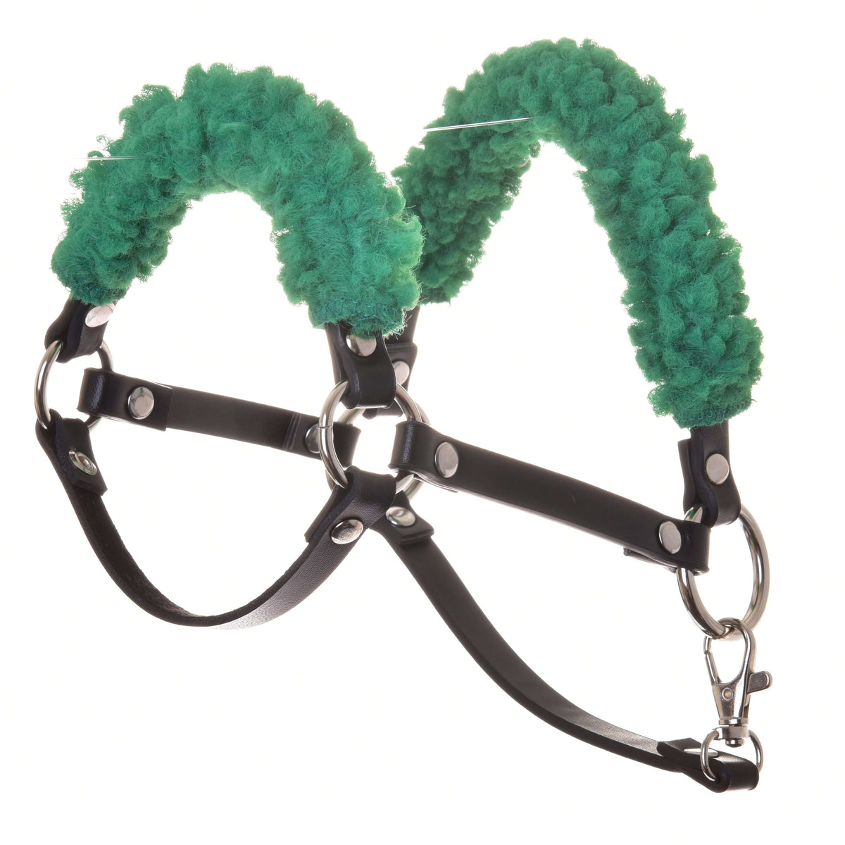 Licol noir Hobby Horse avec fourrure verte de LarDen, en similicuir avec fourrure bouclée, anneaux et mousqueton argentés