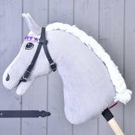 Bridle with 2 headbands purple by LarDen on a grey Hobby Horse, with a purple triangle-pattern browband