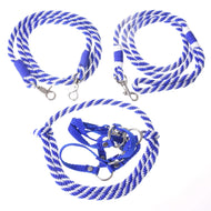 Set Start blauw van LarDen voor Hobby Horse: blauwe halster van band, cordéo, halstertouw en teugels van blauw-wit touw