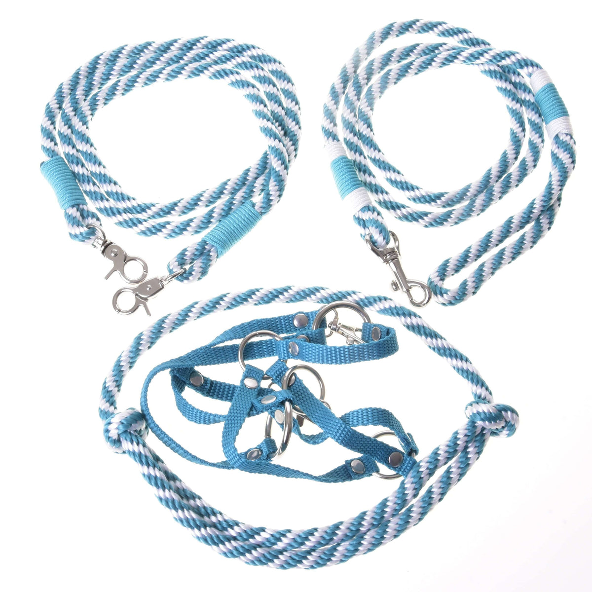 Set Start Turquoise de LarDen pour Hobby Horse : licol en sangle, cordéo, longe et rênes turquoise et blanc